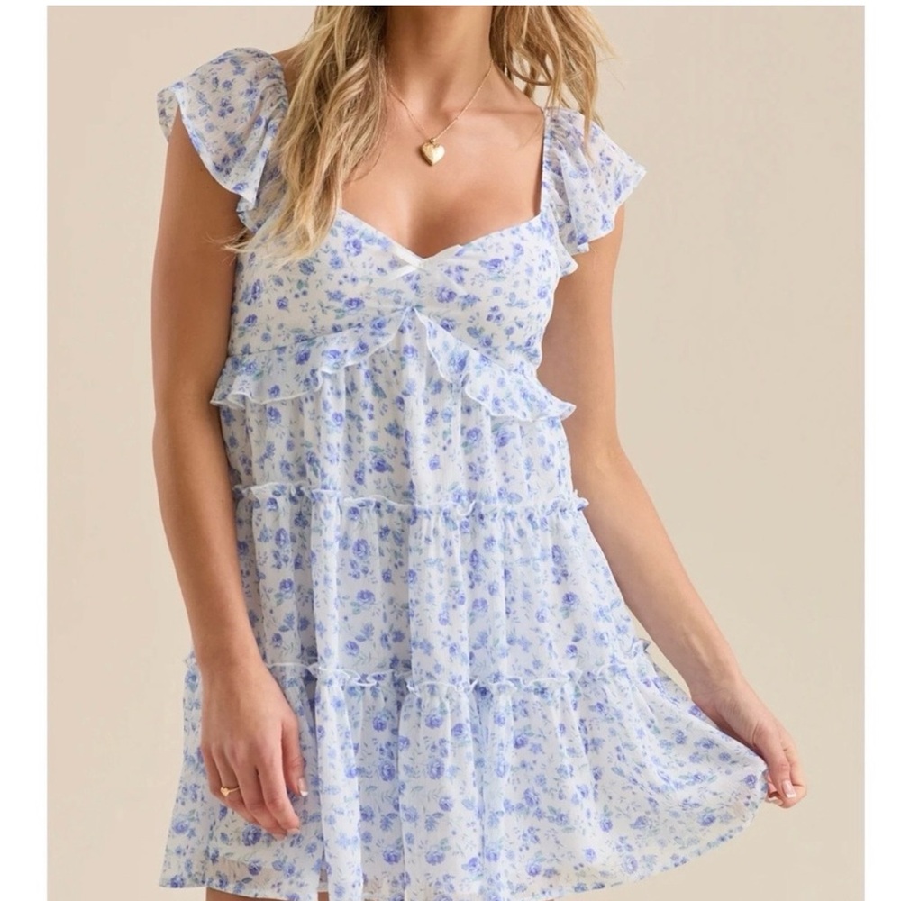 Altar'd State Blue Floral Ruffle Tiered Mini Dress